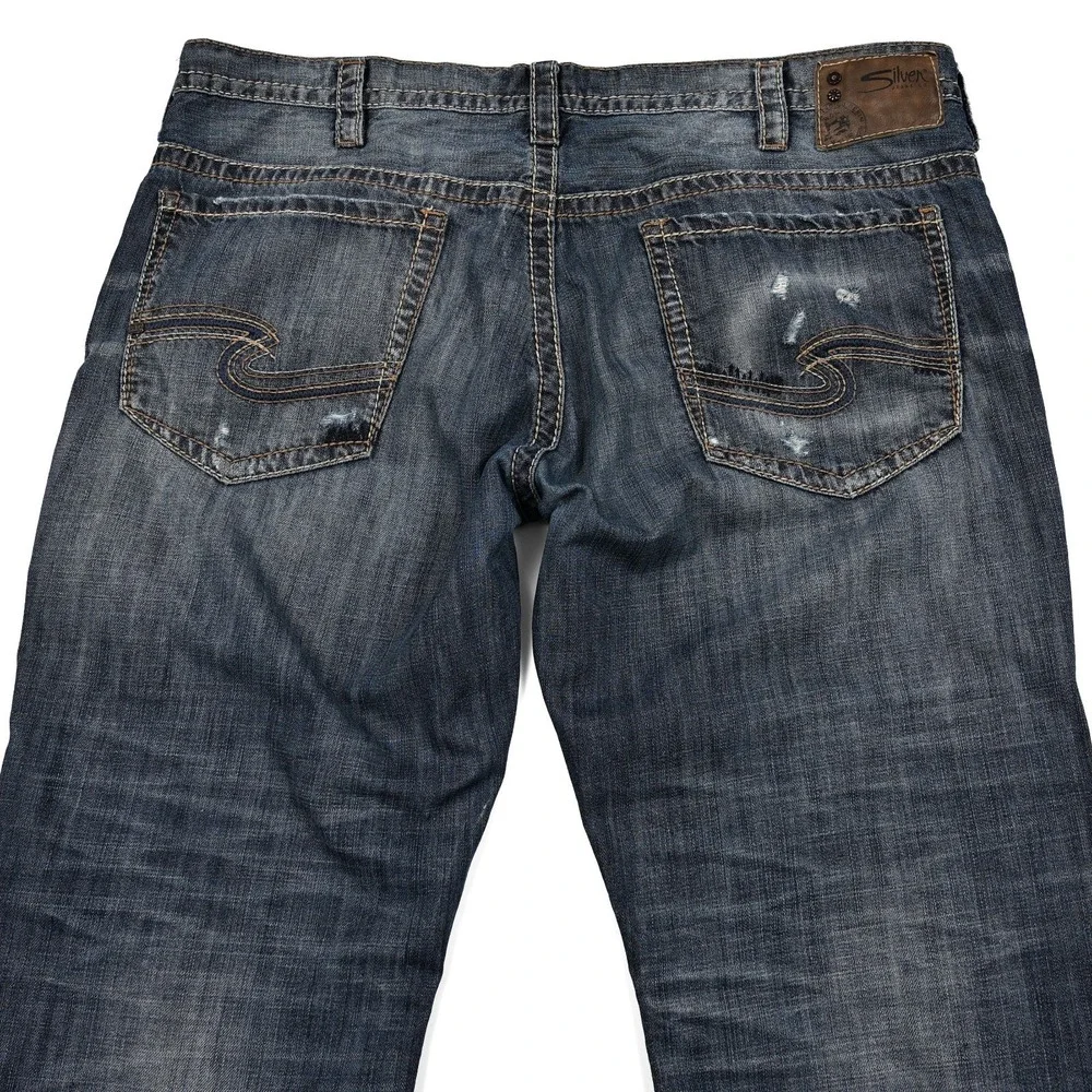 Silver Gordie Loose Relaxed Fit Jeans Mens 40x32 (42x31) Straight Leg Distressed
